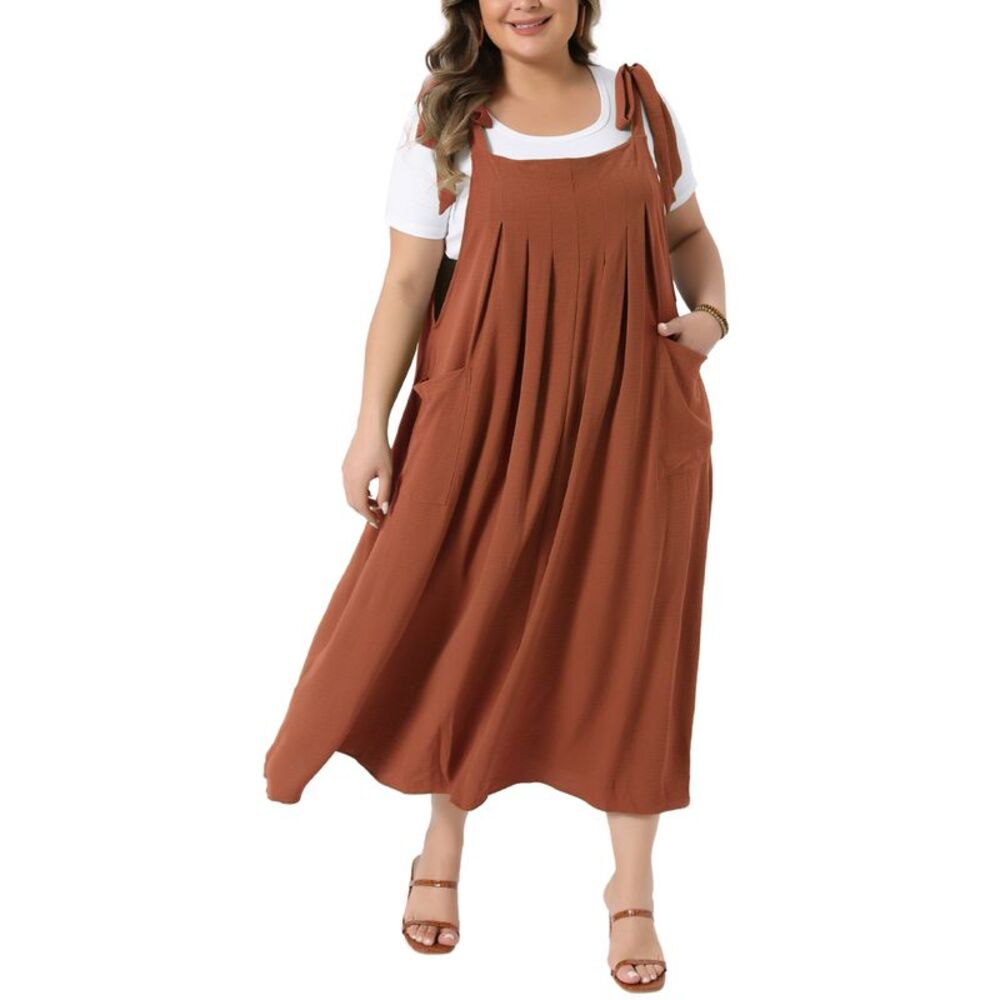 Women Plus Size Pleated with Pockets Tie Strap Pinafore Dress Khaki